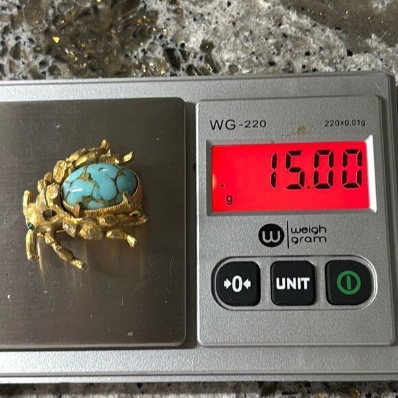 Vintage RISA pin/brooch turquoise cabochon bug beetle gemstone eyes - Picture 9 of 10